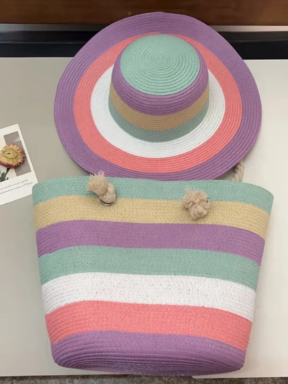 NEW & BEAUTIFUL!! Striped Hemp Rope & Straw Sun Hat & Tote Set Pastel Multicolor